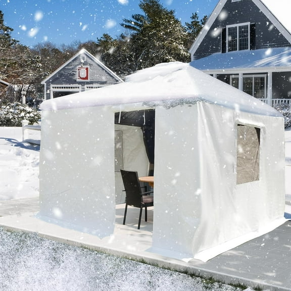 8 x 8 FT Outdoor Hardtop Gazebo Cover With Sidewalls and Mesh Windows, Universal Winter All-Season Waterproof Enclosed, White (Gazebo Not Included)