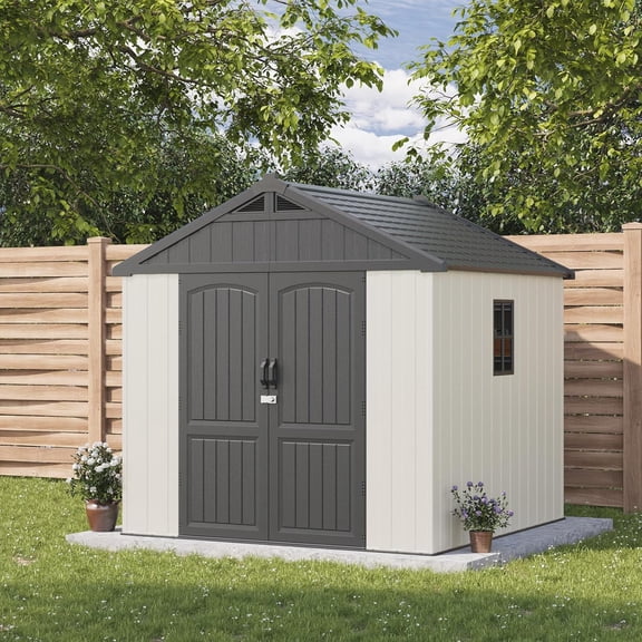 8 x 8 FT Plastic Outdoor Storage Shed with Floor, Resin Shed with Window and Lockable Door for Garden, Backyard, Tool Storage Use, Easy to Install in Beige (Kick-it Shed)