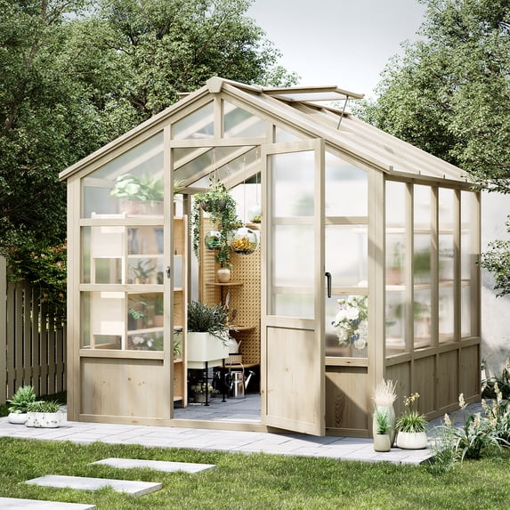 8 x 8 FT Wooden Greenhouse, Walk-in Greenhouses with Polycarbonate Panels, Lockable Door, Wood Frame & Adjustable Vent for Backyard Gardening
