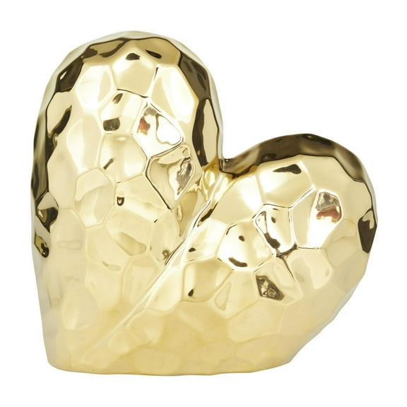 8" x 8" Gold Porcelain Ceramic Dimensional Origami Inspired Angled Heart Sculpture with Faceted Exterior, by DecMode