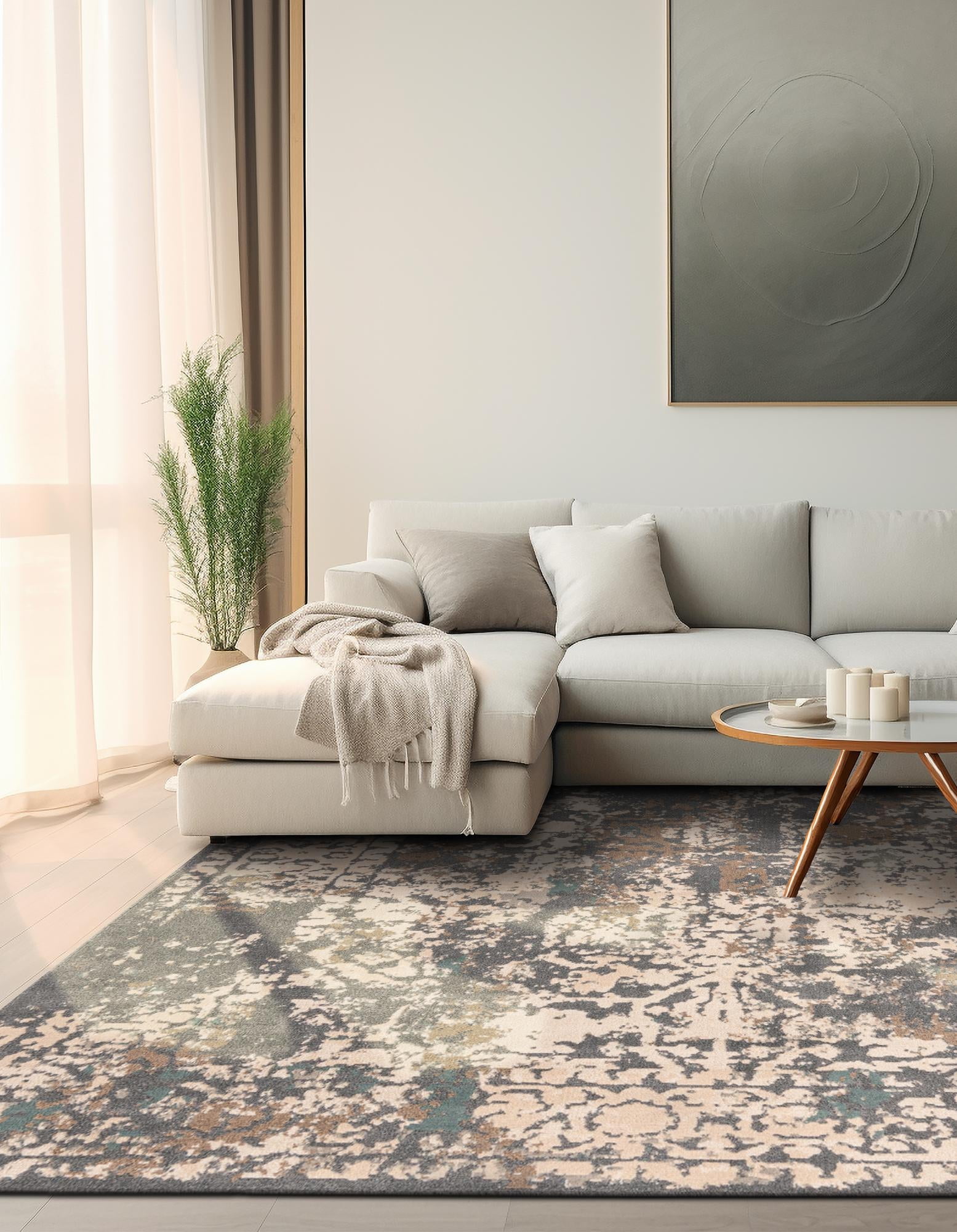 Gray Abstract Square Synthetic Easy Care Rug, 8' x 8'