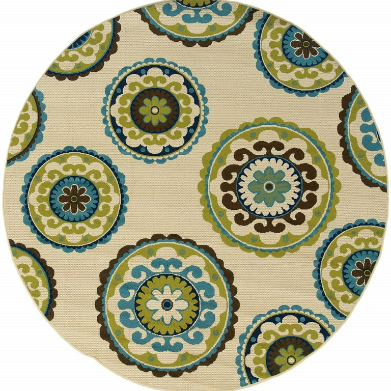 8' x 8' Green and Ivory Round Floral Indoor Outdoor Area Rug 8' x 8' Green and Ivory Round Floral Indoor Outdoor Area Rug