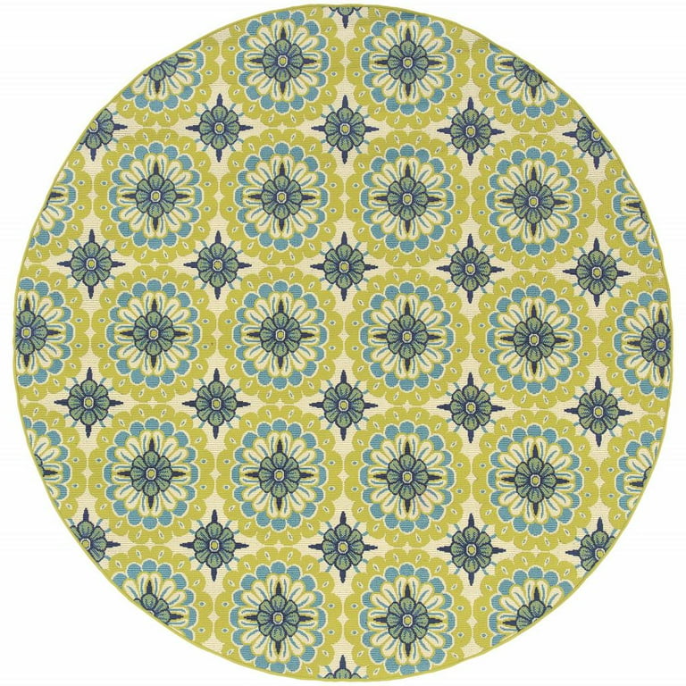 8' x 8' Green and Ivory Round Floral Indoor Outdoor Area Rug 8' x 8' Green and Ivory Round Floral Indoor Outdoor Area Rug