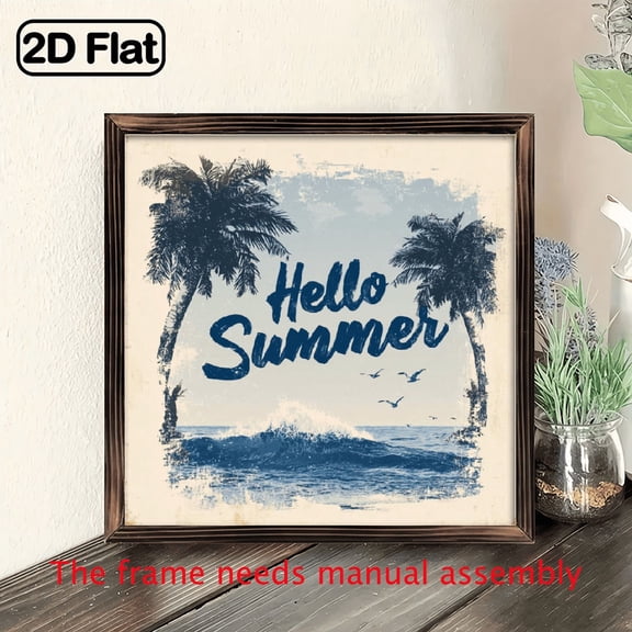 8 x 8 Inch Wooden Frame Hello Summer Wall Art Sign - Tropical Beach Scene with Palm Trees Ocean Waves, Vibrant Coastal Decor for Home, Mother's Day, Teacher's Day, Summer Gifts, Beach Theme Decor