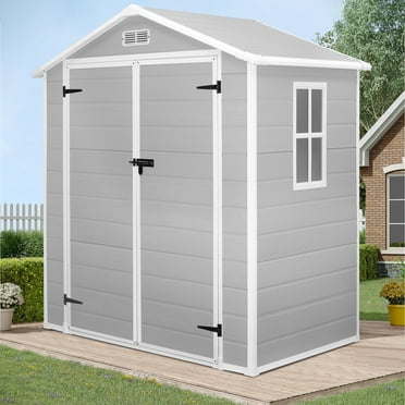 Enyopro 6 x 4.4FT Outdoor Storage Shed, All-Weather Plastic Resin Utility Tool Large Shed with Dual Lockable Doors for Patio Backyard Lawn, Gray