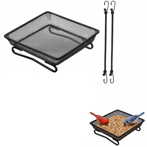 8" x 8" Railing Bird Feeder Tray for Balcony/Deck/Porch Platform Bird Seed Tray with 2 Elastic Rope Wild Birds or Squirrels Can Be Fixed to A Railing, Hung, or Placed on the Ground.