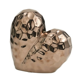 8" x 8" Rose Gold Ceramic Dimensional Angled Origami Inspired Heart Sculpture with Faceted Exterior, by DecMode