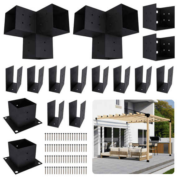 8' x 8' Wall-Mounted Pergola Off House with Roof Easy DIY Pergola Kit - Steel 4x4 Black Brackets for Pergola (Wood Not Included)