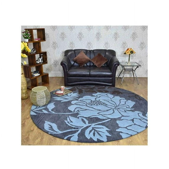 8 x 8 ft. Hand Tufted Wool Floral Round Area Rug, Grey & Blue