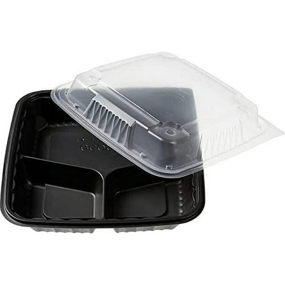 8" x 8" x 3", 3 Compartment Tray with Translucent Vented Lid. Combo Pack (Tray and Lid). Pebble (150 Pack 3-Compartment)