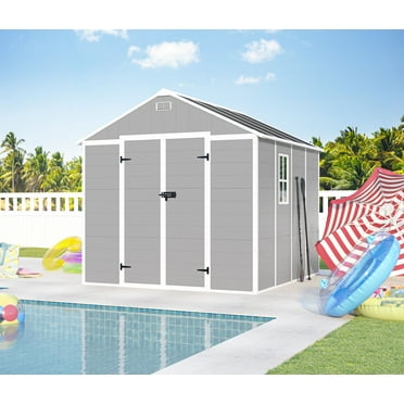 8 x 8FT Resin Storage Shed with PP Material, Storage Shed with Design of Lockable Doors ,Strong Structure,Utility and Tool Storage for Garden, Patio, Backyard, Outside use,Grey