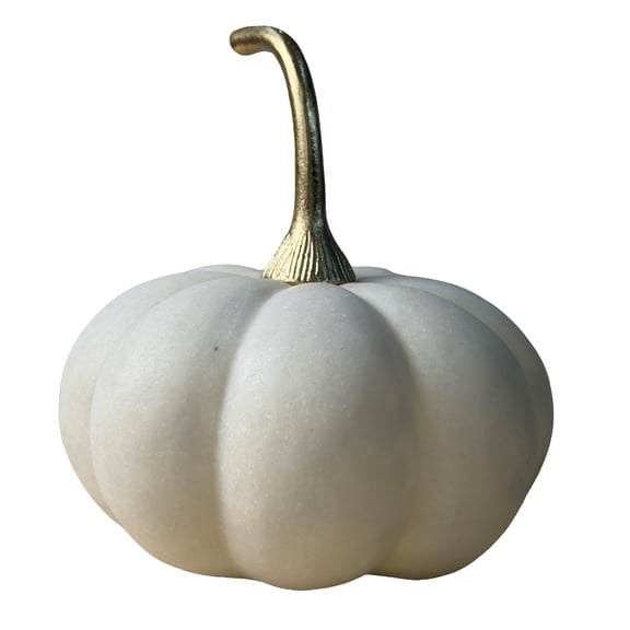8" x 9" White Polyresin Pumpkin Fruit Sculpture with Gold Peduncle, by DecMode