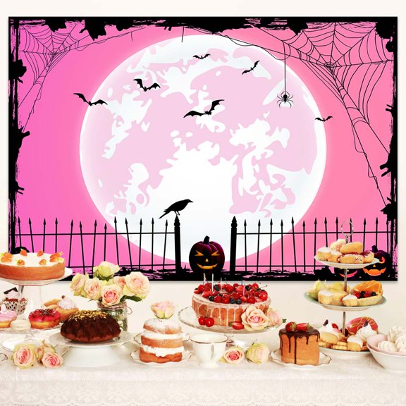 8 x 8 ft Happy Halloween Pink Photo Backdrop for Parties Pumpkin Night Full Moon Bat Spider Web Graveyard Fence Photography Background Kids Halloween Party House Decorations Banner