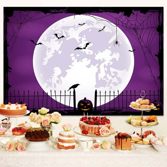 8 x 8 ft Happy Halloween Purple Photo Backdrop for Parties Pumpkin Night Full Moon Bat Spider Web Graveyard Fence Photography Background Kids Halloween Party House Decorations Banner