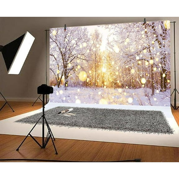 8 x 8 ft Winter Snow Scene Wonderland Backdrop Falling Snowflake Warm Sunlight Bokeh Glitter Dots Photography Background Adult Kids Winter Scenery Christmas New Year Photo Booth Studio Props
