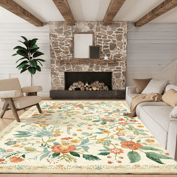 CHITOOMA 8'x10' Boho Area Rugs for Living Room, Machine Washable Floral Area Rug with Non-Slip Backing, Stain Resistant Non-Shed Carpet for Bedroom, Dining Room, Dorm, Office