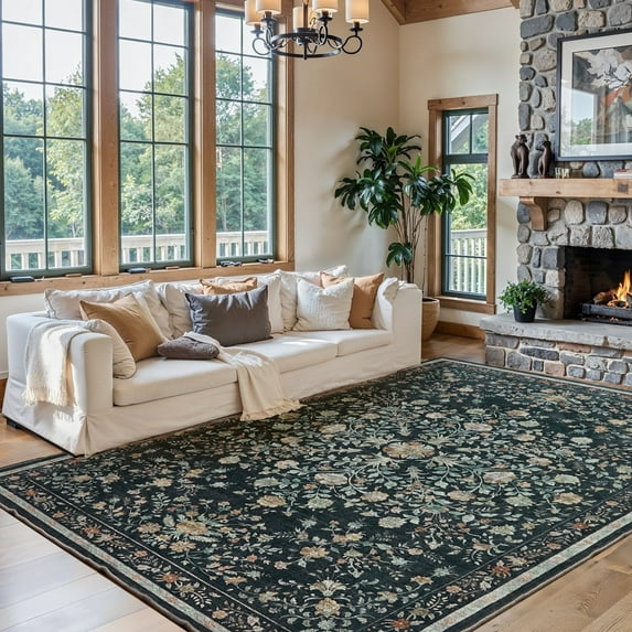 CHITOOMA 8'x10' Boho Area Rugs for Living Room, Machine Washable Floral Area Rug with Non-Slip Backing, Stain Resistant Non-Shed Carpet for Bedroom, Dining Room, Dorm, Office