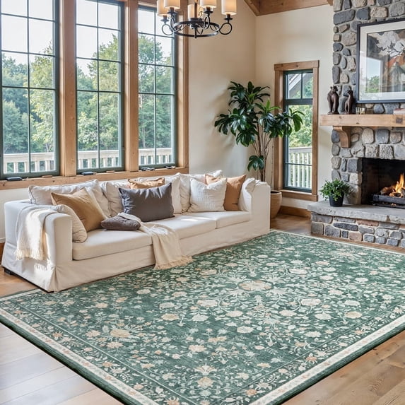 CHITOOMA Green 8 ft x 10 ft Boho Area Rug, Machine Washable Floral Carpet with Non-Slip Backing