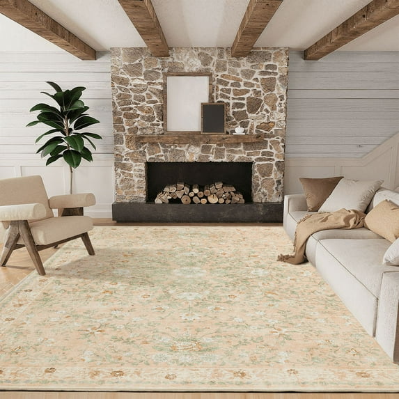 CHITOOMA 8'x10' Boho Area Rugs for Living Room, Machine Washable Floral Area Rug with Non-Slip Backing, Stain Resistant Non-Shed Carpet for Bedroom, Dining Room, Dorm, Office