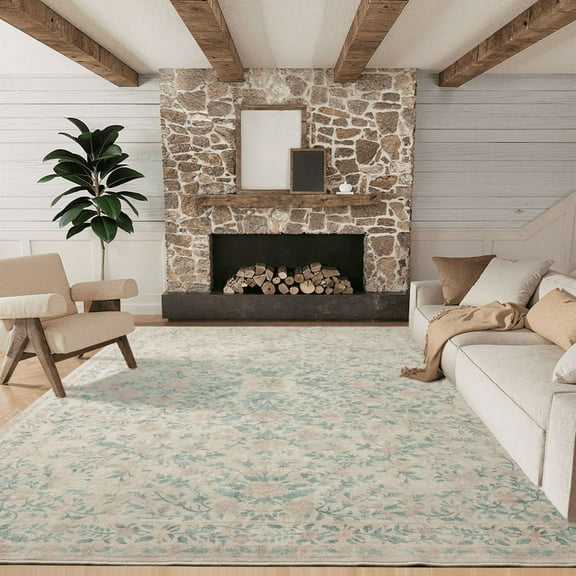 CHITOOMA 8'x10' Machine-washable Area Rugs for Living Room, Boho Floral Area Rugs with Non-Slip Backing, Stain Resistant Non-Shed Carpet for Bedroom, Dining Room, Dorm, Office