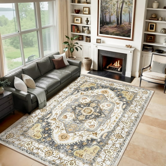 NewBuros 8'x10' Area Rugs for Living Room, Washable Non-Slip Vintage Tribal Print Rugs, Soft Low Pile Stain Resistant Carpet for Bedroom Dining Room, Gray & Yellow