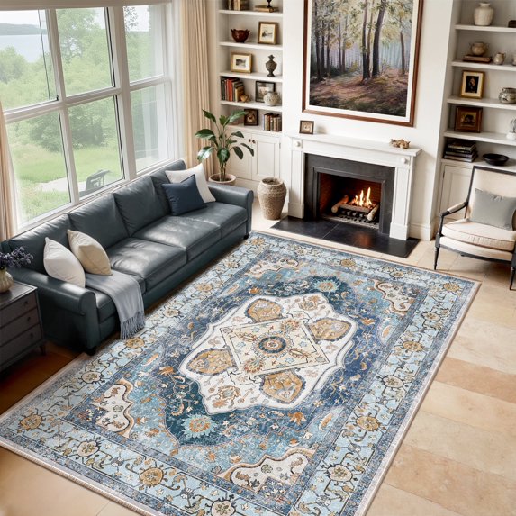 NewBuros 8'x10' Area Rugs for Living Room, Washable Non-Slip Vintage Tribal Print Rugs, Soft Low Pile Stain Resistant Carpet for Bedroom Dining Room, Sky Blue
