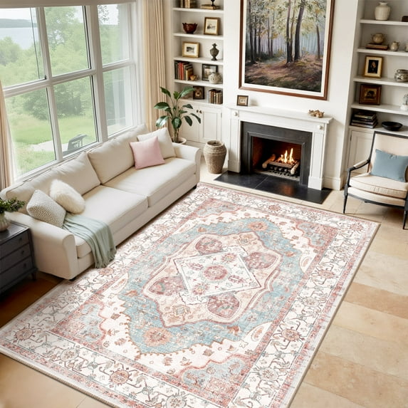 NewBuros 8'x10' Area Rugs for Living Room, Washable Non-Slip Vintage Tribal Print Rugs, Soft Low Pile Stain Resistant Carpet for Bedroom Dining Room, Pink