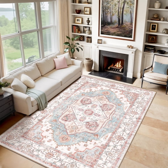 NewBuros 8'x10' Area Rugs for Living Room, Washable Non-Slip Vintage Tribal Print Rugs, Soft Low Pile Stain Resistant Carpet for Bedroom Dining Room, Pink