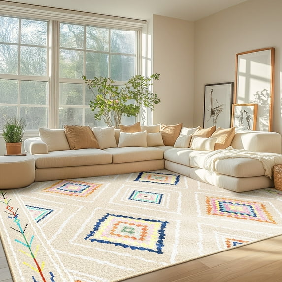 8'x10' Area Rugs for Living Room, Machine Washable Non-Slip Carpet, Soft Faux Wool Low Pile Moroccan Farmhouse Western Rug, Beige