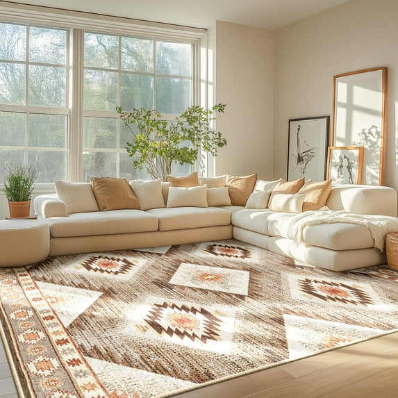 8'x10' Area Rugs for Living Room, Machine Washable Non-Slip Carpet, Soft Faux Wool Low Pile Moroccan Farmhouse Western Rug, Camel