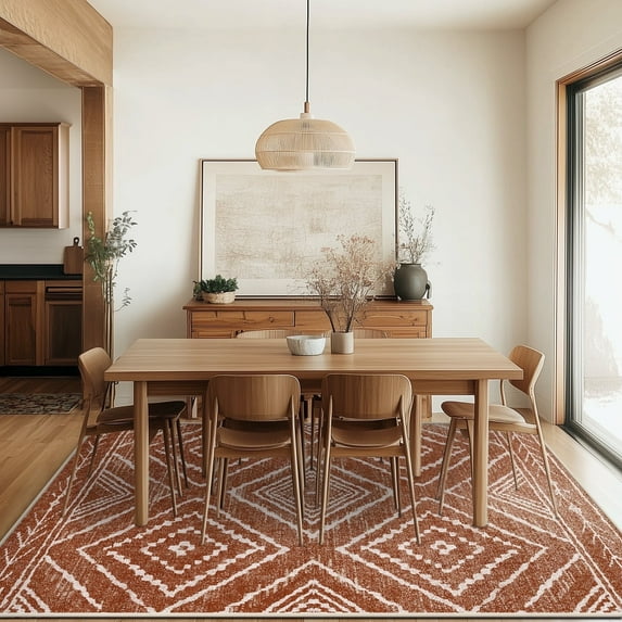 8'x10' Area Rugs for Living Room, Machine Washable Non-Slip Carpet, Soft Faux Wool Low Pile Moroccan Farmhouse Western Rug, Reddish Brown