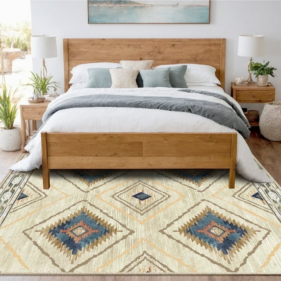 8'x10' Area Rugs for Living Room, Machine Washable Non-Slip Carpet, Soft Faux Wool Low Pile Moroccan Farmhouse Western Rug, Yellow