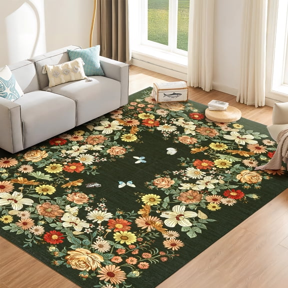 8'x10' Area Rug for Living Room, Washable Floral Rug, Soft Low-Pile Carpet with Non-Slip Backing for Bedroom, Dining Room, Living Room, Dark Green
