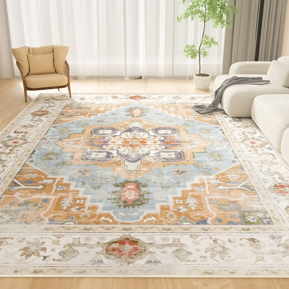 GPED 8'x10' Area Rug for Living Room,Washable Non Slip Vintage Print Rugs,Low Pile Indoor Carpet for Bedroom,Living Room, Home Office (Beige)