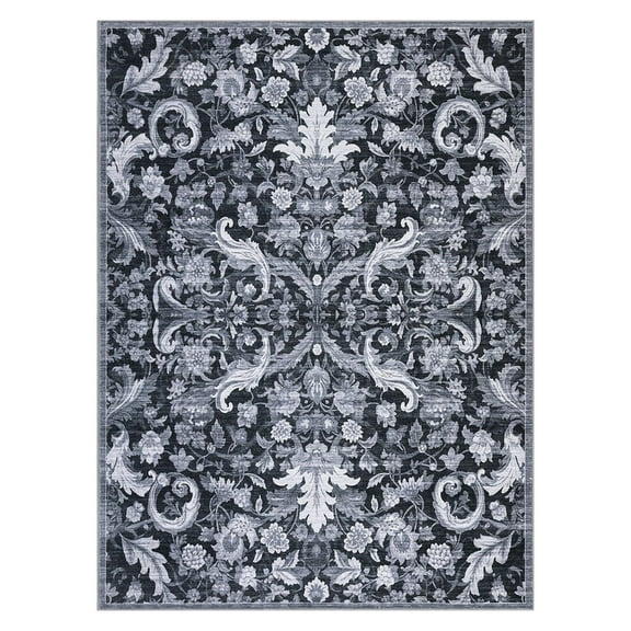 8'x10' Area Rug for Living Room, Washable Rug Low Pile Retro Accent Floral Rug Non-Slip Foldable Carpet for Bedroom, Dining Room Grey