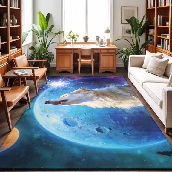 8'x10' Area Rugs, Abstract Art Wolfs Indoor Outdoor Area Rug for Living Room Bedroom, Blue Moon Forest Black Washable Bathroom Rugs Kitchen Floor Carpet Mats Home Decor Aesthetic