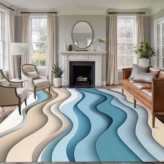 8'x10' Area Rugs, Aqua Beige Ombre Indoor Outdoor Area Rug for Living Room Bedroom, Moire Modern Abstract Art Geometric Washable Bathroom Rugs Kitchen Floor Carpet Mats Home Decor Aesthetic