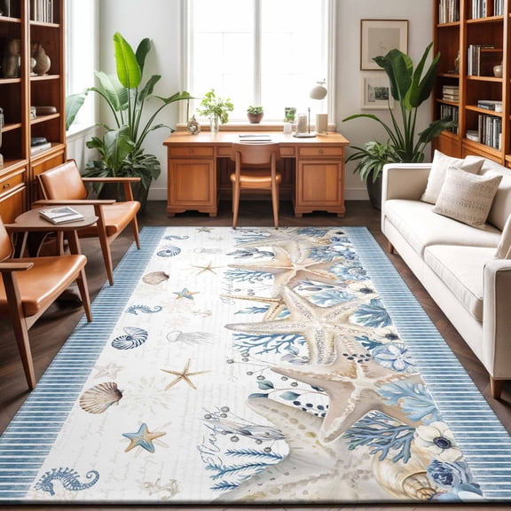 8'x10' Area Rugs, Beige Starfish Coastal Indoor Outdoor Area Rug for Living Room Bedroom, Blue Summer Beach Coral Shell Nautical Washable Bathroom Rugs Kitchen Floor Carpet Mats Home Decor Aesthetic