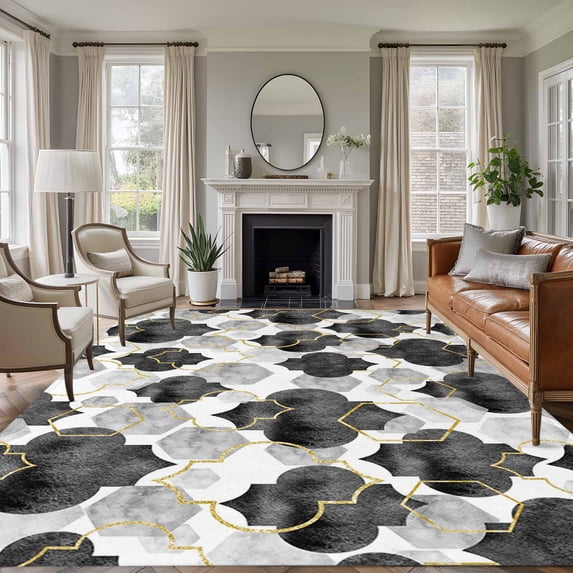 8'x10' Area Rugs, Black Geometric Moroccan Indoor Outdoor Area Rug for Living Room Bedroom, Abstract Art Grey Ombre Modern Washable Bathroom Rugs Kitchen Floor Carpet Mats Home Decor Aesthetic