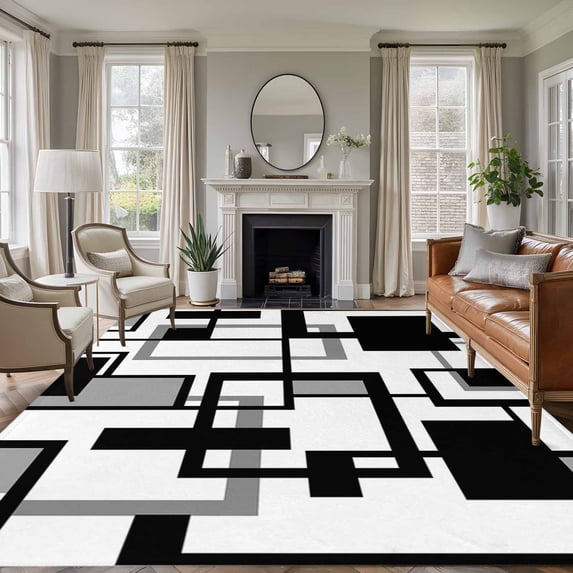 8'x10' Area Rugs, Black Grey Geometric Indoor Outdoor Area Rug for Living Room Bedroom, Modern Abstract Art White Washable Bathroom Rugs Kitchen Floor Carpet Mats Home Decor Aesthetic