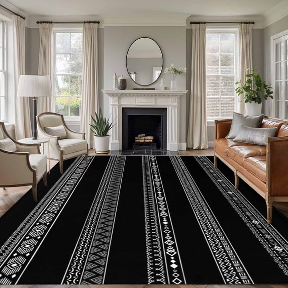 8'x10' Area Rugs, Black White Geometric Indoor Outdoor Area Rug for Living Room Bedroom, Modern Striped Plaid Abstract Art Washable Bathroom Rugs Kitchen Floor Carpet Mats Home Decor Aesthetic