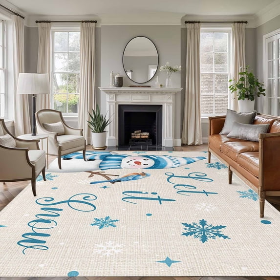 8'x10' Area Rugs, Blue Christmas Snowman Indoor Outdoor Area Rug for Living Room Bedroom, Xmas Snowflake Birds Washable Bathroom Rugs Kitchen Floor Carpet Mats Home Decor Aesthetic