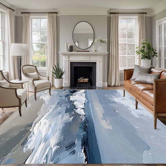 8'x10' Area Rugs, Blue Coastal Beach Indoor Outdoor Area Rug for Living Room Bedroom, Modern Oil Painting Art Washable Bathroom Rugs Kitchen Floor Carpet Mats Home Decor Aesthetic