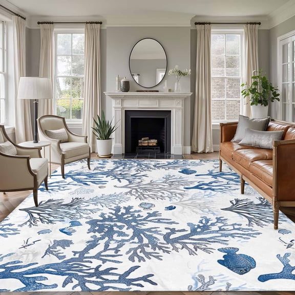 8'x10' Area Rugs, Blue Coastal Indoor Outdoor Area Rug for Living Room Bedroom, Summer Nautical Ocean Beach Coral Fish Washable Bathroom Rugs Kitchen Floor Carpet Mats Home Decor Aesthetic