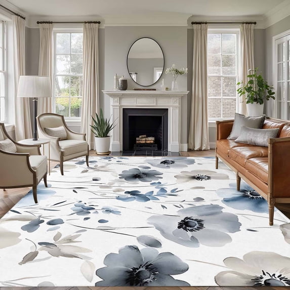 8'x10' Area Rugs, Blue Grey Spring Floral Indoor Outdoor Area Rug for Living Room Bedroom, Summer Botanical Elegant Washable Bathroom Rugs Kitchen Floor Carpet Mats Home Decor Aesthetic