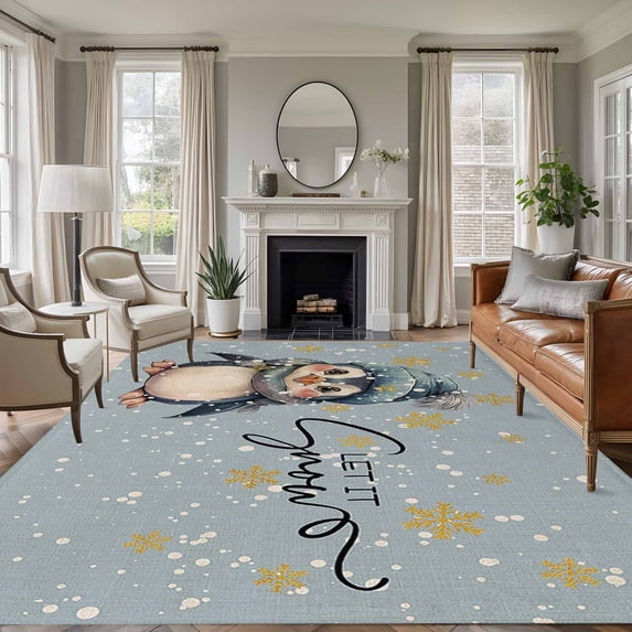 8'x10' Area Rugs, Blue Penguins Christmas Indoor Outdoor Area Rug for Living Room Bedroom, Xmas Winter Snowflake Let Snow Washable Bathroom Rugs Kitchen Floor Carpet Mats Home Decor Aesthetic