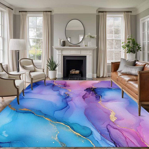 8'x10' Area Rugs, Blue Purple Ombre Indoor Outdoor Area Rug for Living Room Bedroom, Marble Modern Ink Painted Abstract Washable Bathroom Rugs Kitchen Floor Carpet Mats Home Decor Aesthetic