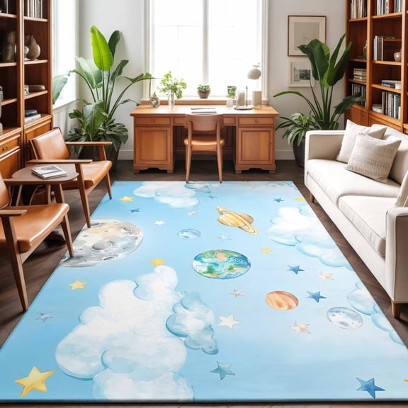8'x10' Area Rugs, Blue Sky Indoor Outdoor Area Rug for Living Room Bedroom, Cartoon Cute Planets Universe Star Cloud Washable Bathroom Rugs Kitchen Floor Carpet Mats Home Decor Aesthetic