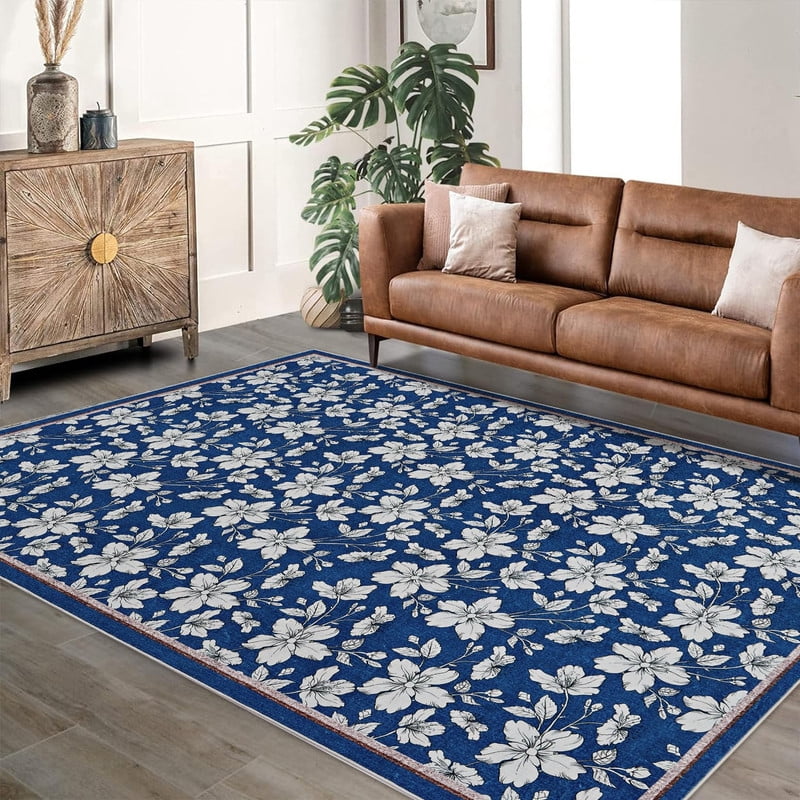 8'x10' Area Rugs Boho Floral Bedroom Washable Low Pile Non Slip Indoor Carpet for Nursery Playroom Living Room Blue