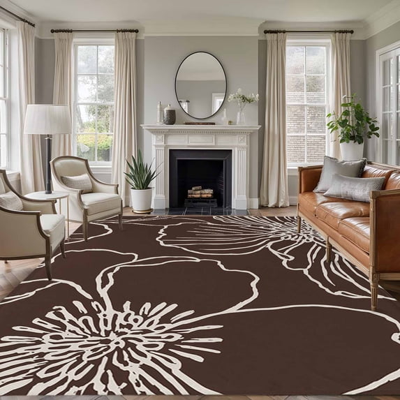 8'x10' Area Rugs, Brown Flowers Indoor Outdoor Area Rug for Living Room Bedroom, Spring Floral Botanical Modern Art Washable Bathroom Rugs Kitchen Floor Carpet Mats Home Decor Aesthetic